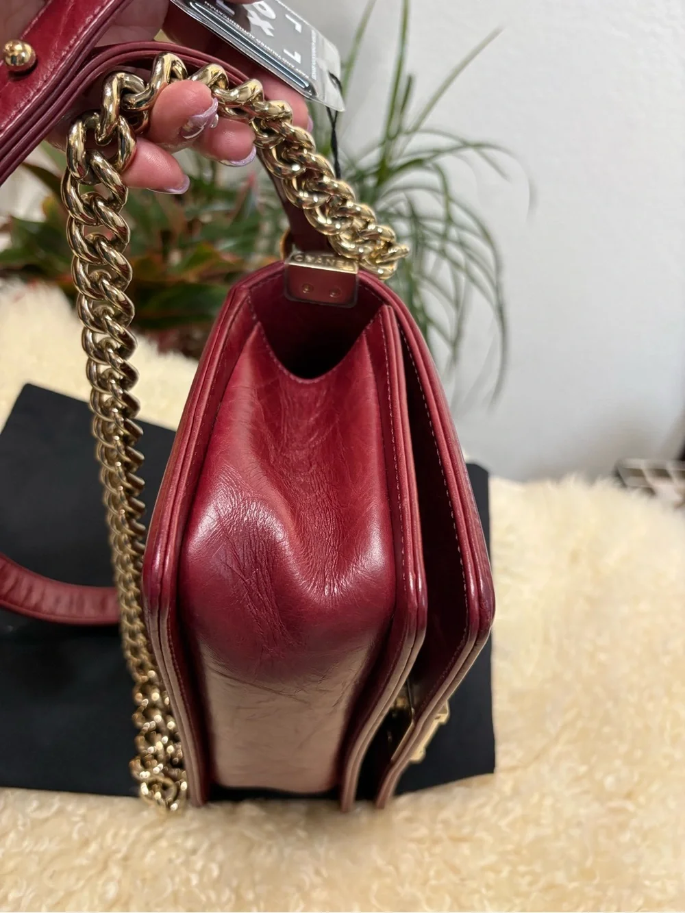 CHANEL Red Crumpled Calfskin Chevron Embellished Chain Boy Bag Small